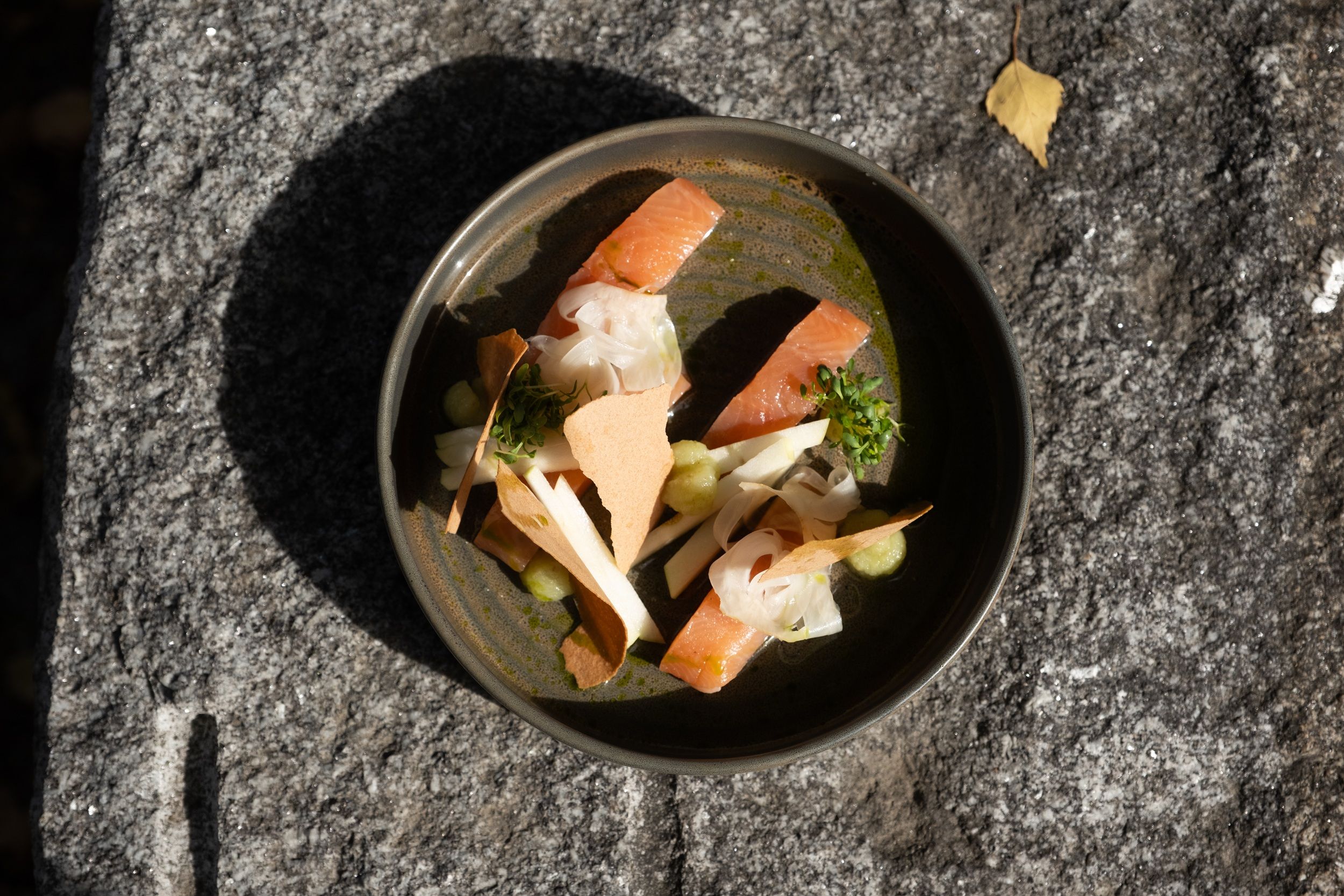 A plate with artfully arranged pieces of salmon trout, vegetables and herbs on a stone base.