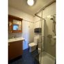 Bathroom with shower, washbasin, mirror and toilet.