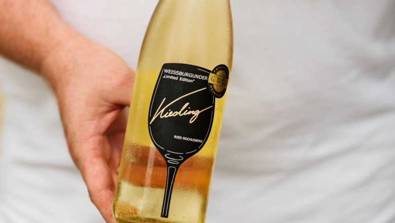 Person holding a bottle of Pinot Blanc from the Kiesling winery.