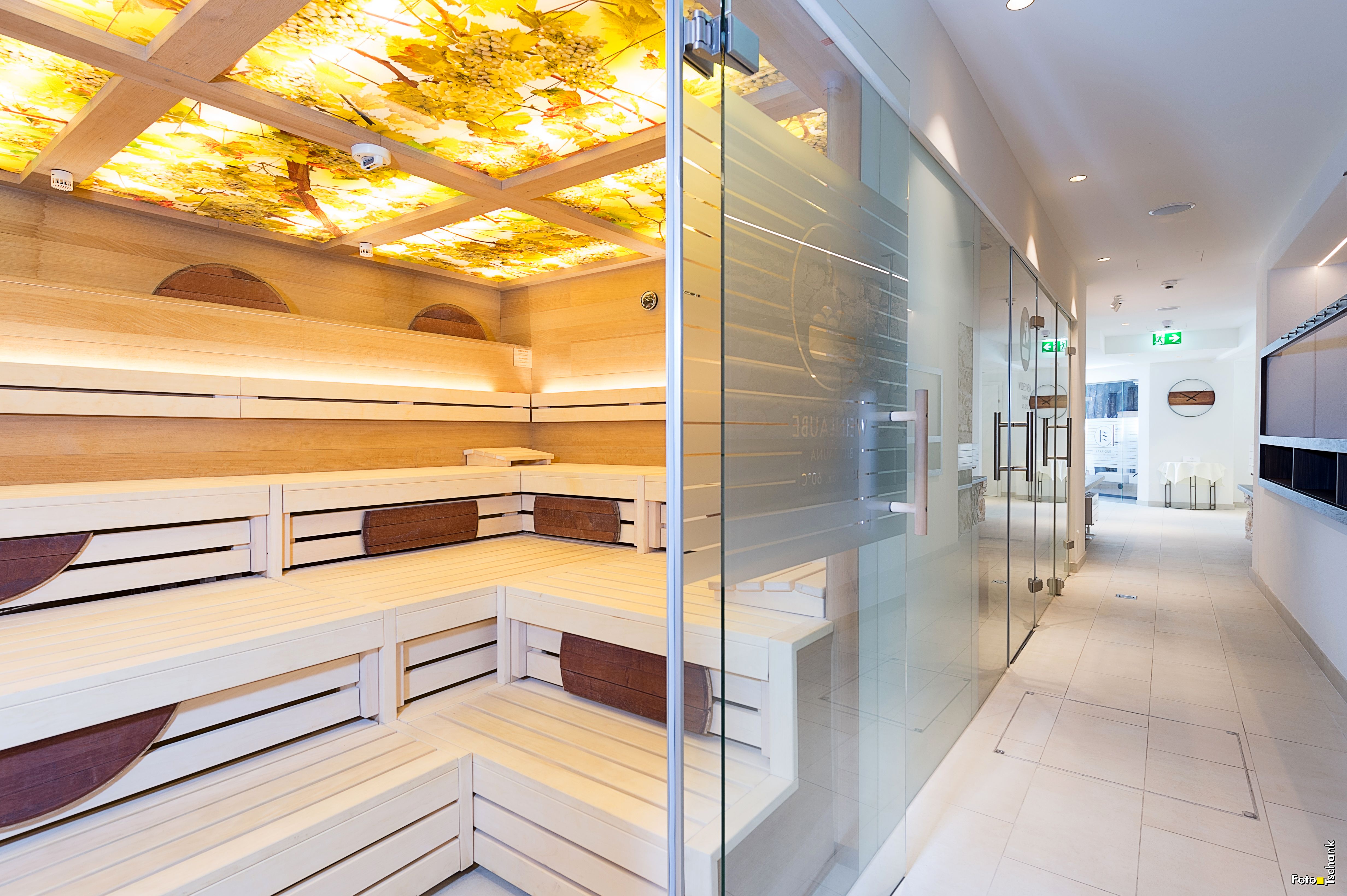 Interior view of a modern spa area with sauna and glass door.