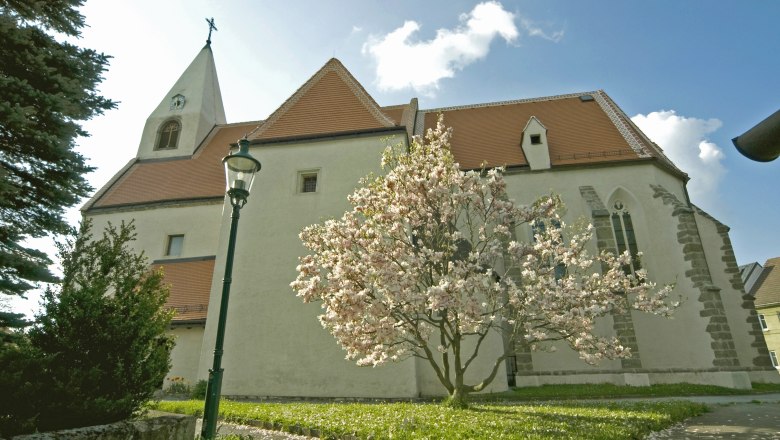Parish church Maria Himmelfahrt with blossoming tree in the foreground.