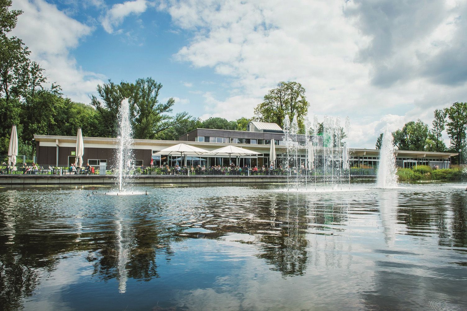 A modern building with a terrace by the water, surrounded by trees and fountains.