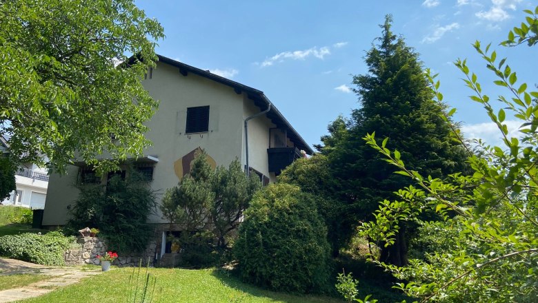 A two-storey house with a garden and trees, in sunny weather.