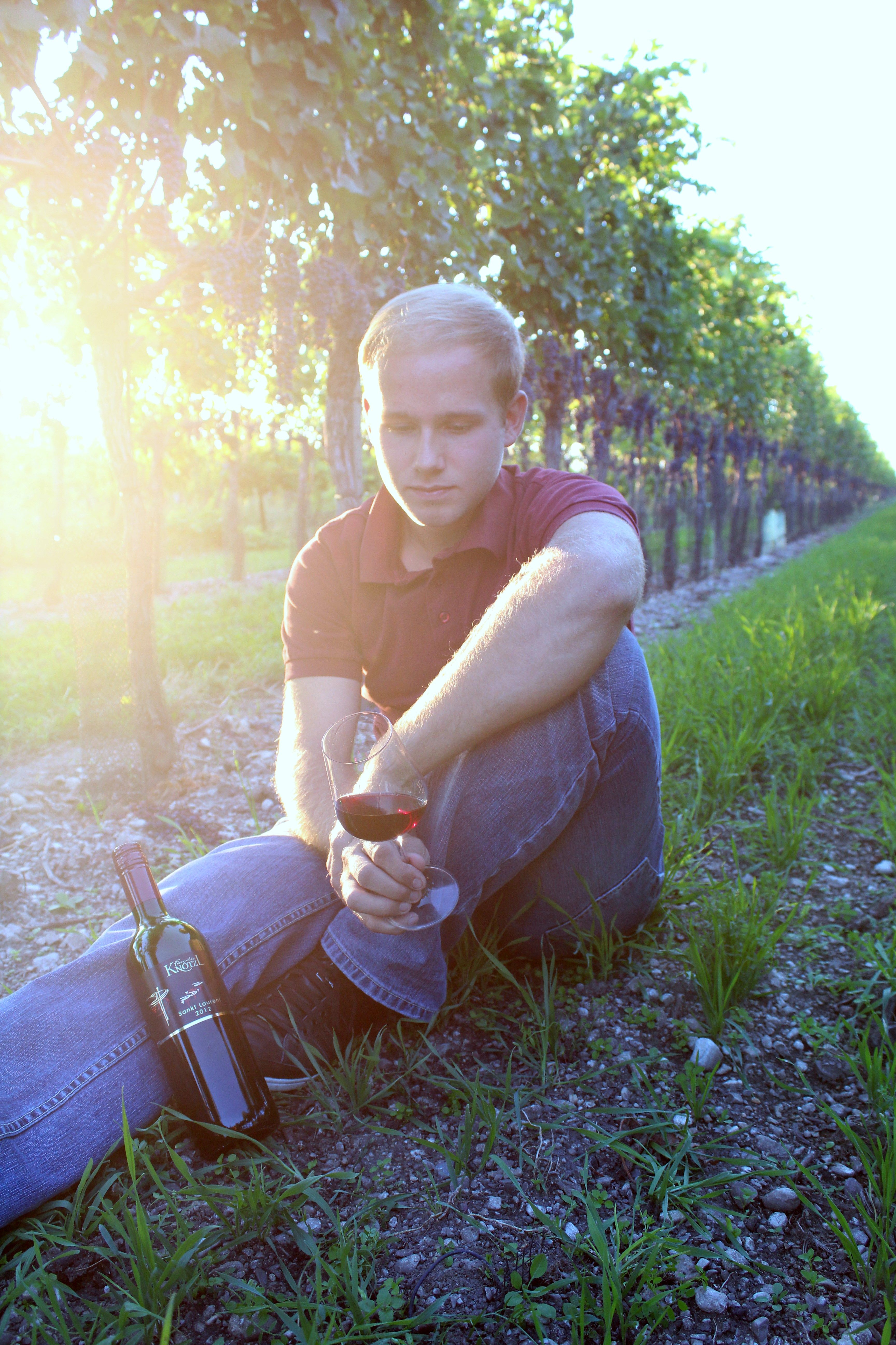 A young man is sitting in a vineyard holding a glass of red wine. Next to him is a bottle of wine. The sun is shining through the leaves.