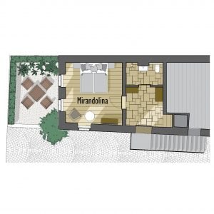Floor plan of an apartment with bedroom, bathroom and terrace.