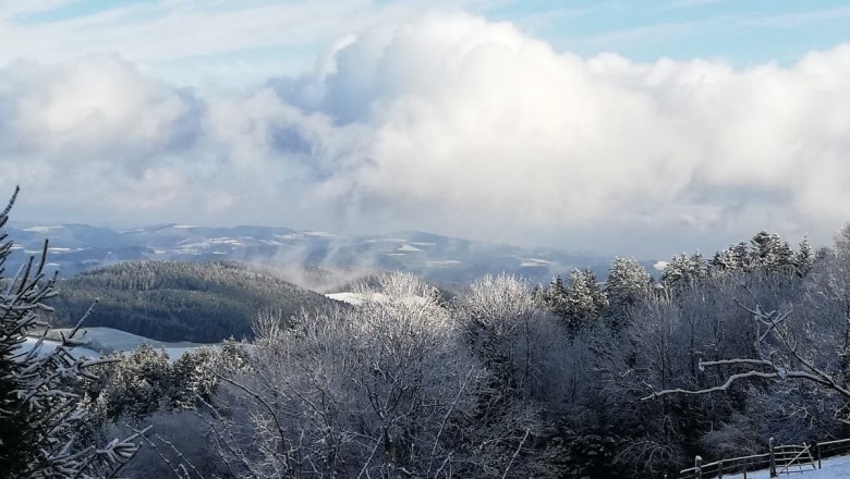 Winter landscape with snow-covered trees and hills under a blue sky with clouds.