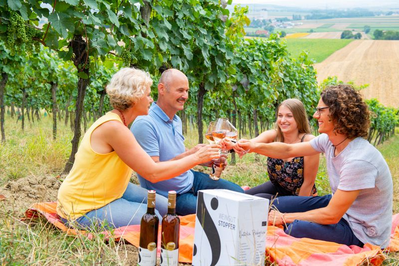 Four people clink glasses in a vineyard.