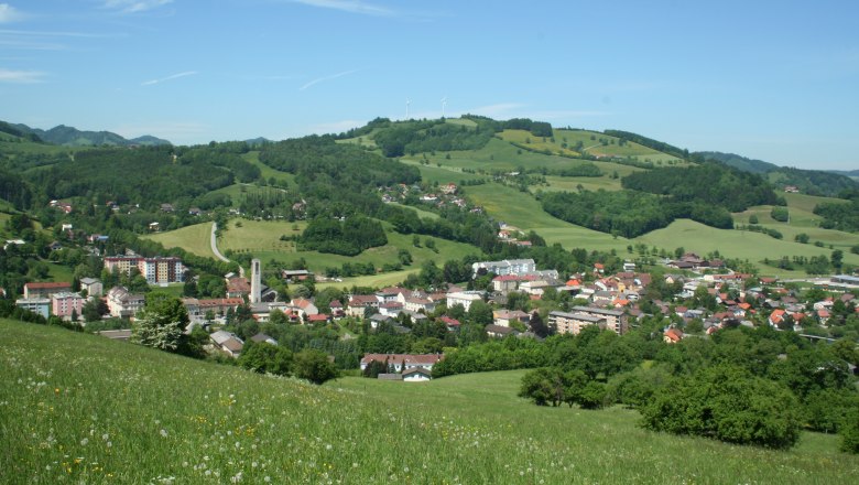 Panoramic view of the market town of Traisen with green hills and wind turbines in the background.