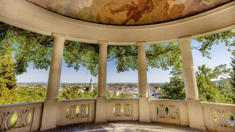 Interior view of the Beethoven Temple in Baden with a view of the city and painted ceiling.