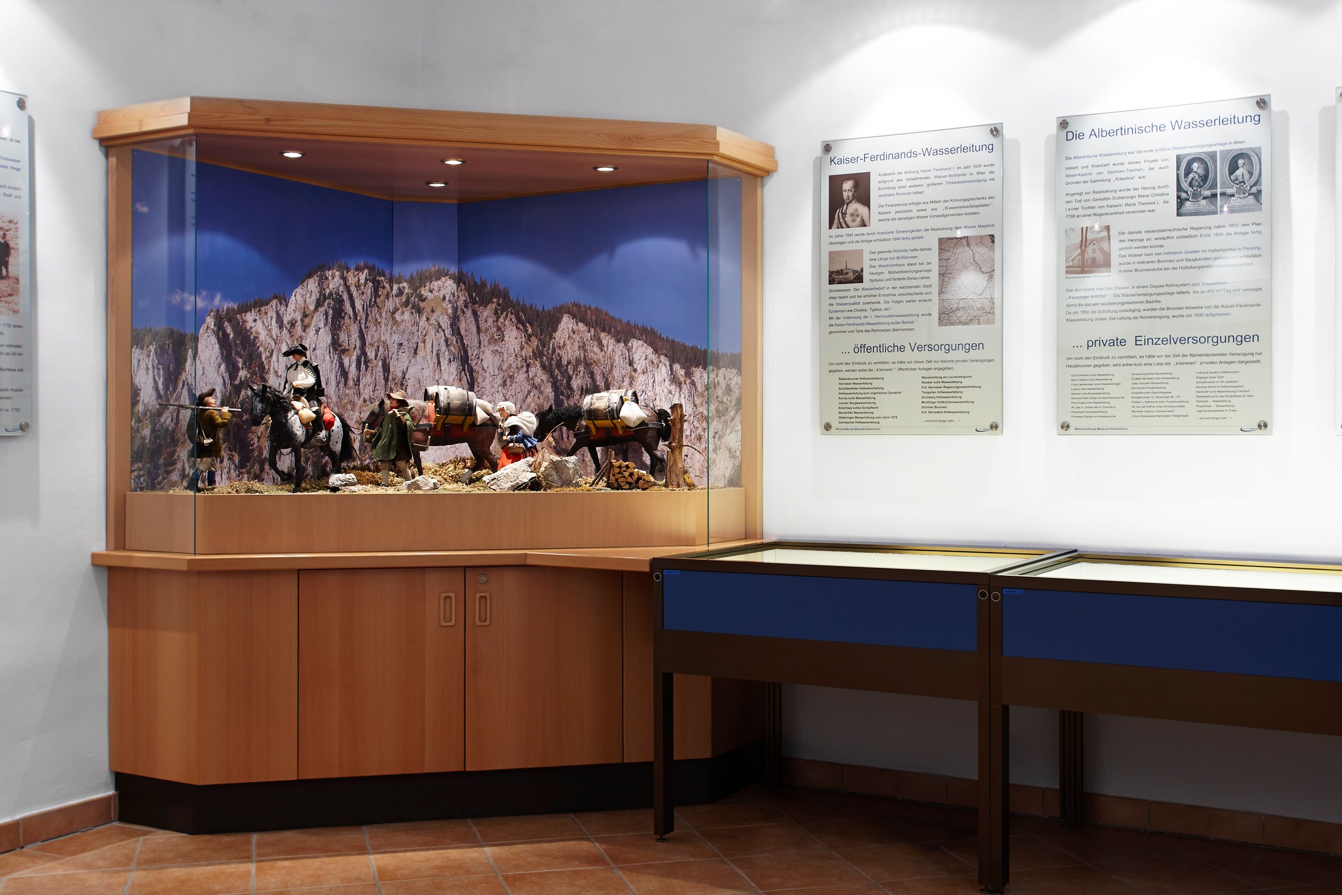 Exhibition in the Kaiserbrunn Water Pipeline Museum with diorama and information boards.