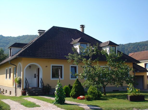 A yellow detached house with a black roof and garden.