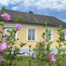 A yellow house with white window frames, surrounded by blooming pink flowers in the foreground.