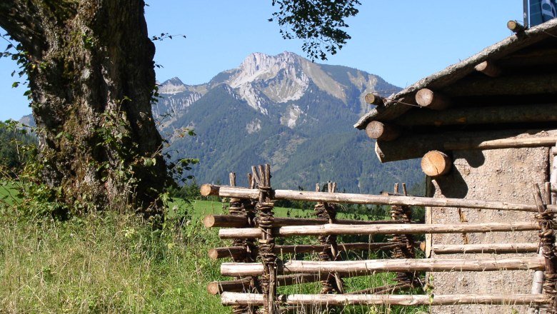 Mountain landscape with wooden fence and tree in the foreground.