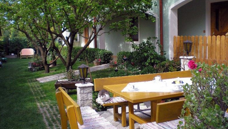 A well-kept garden with wooden furniture, a cat on the bench and a laid table.