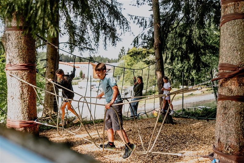 Children playing on a climbing course in the forest.