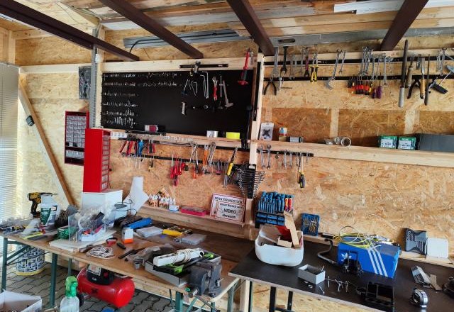 Bike workshop with workbench and lots of tools