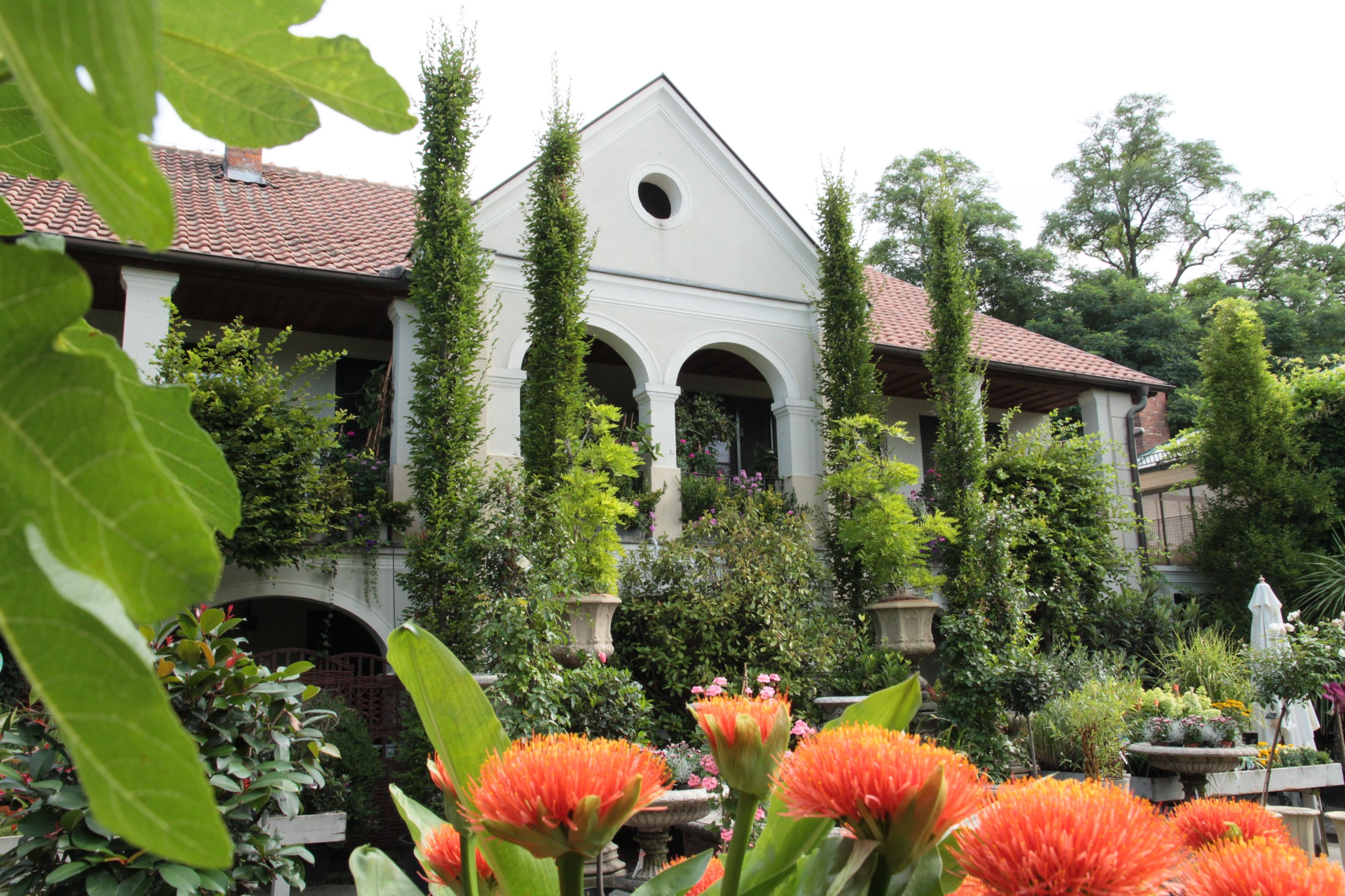 A white building with a red tiled roof, surrounded by lush vegetation and orange flowers in the foreground.