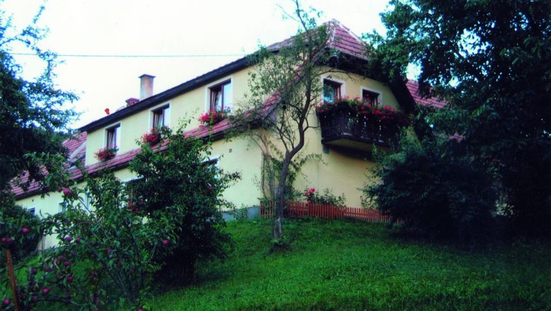 A yellow house with red roof tiles and flower boxes on the windows, surrounded by trees and a green slope.