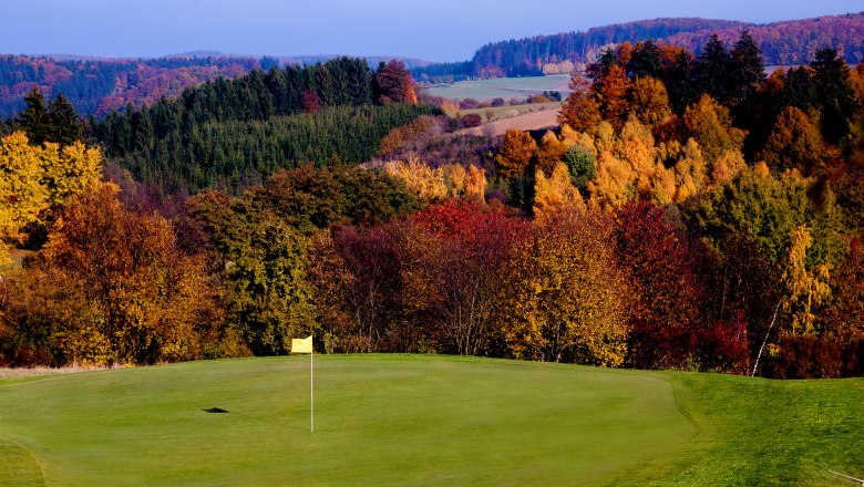 Golf course with fall trees in the background, yellow flag on the green.