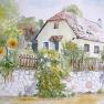Watercolor of a house with garden and sunflowers.