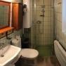 Small bathroom with shower, washbasin, toilet and wooden cupboards.