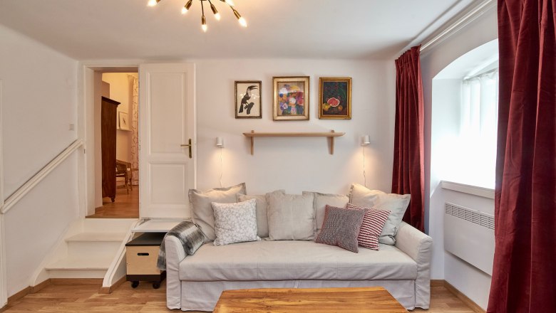Cozy living room with sofa, wooden table, carpet and murals.