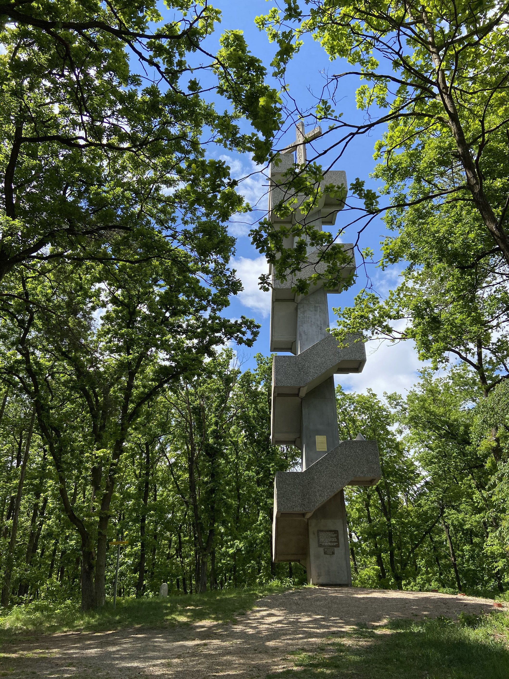 A modern observation tower in a wooded area with a blue sky.