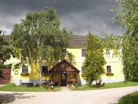 Yellow house with wooden roof and garden, surrounded by trees.