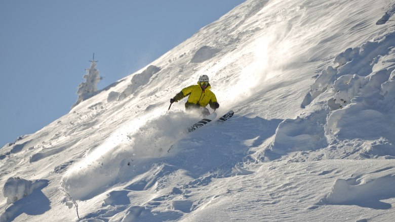 A skier in a yellow jacket is skiing down a snowy slope.
