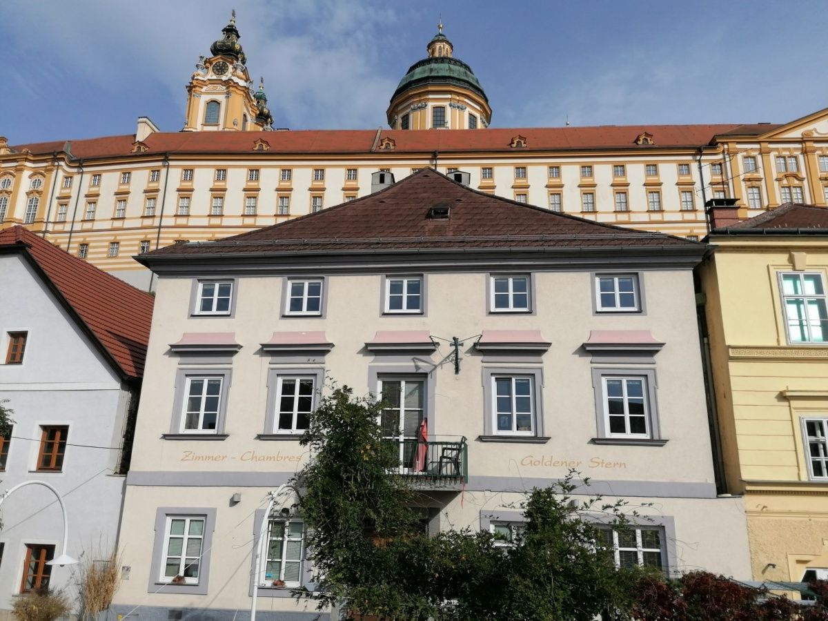 Exterior view of the Aparthotel Goldener Stern with historic building in the background.