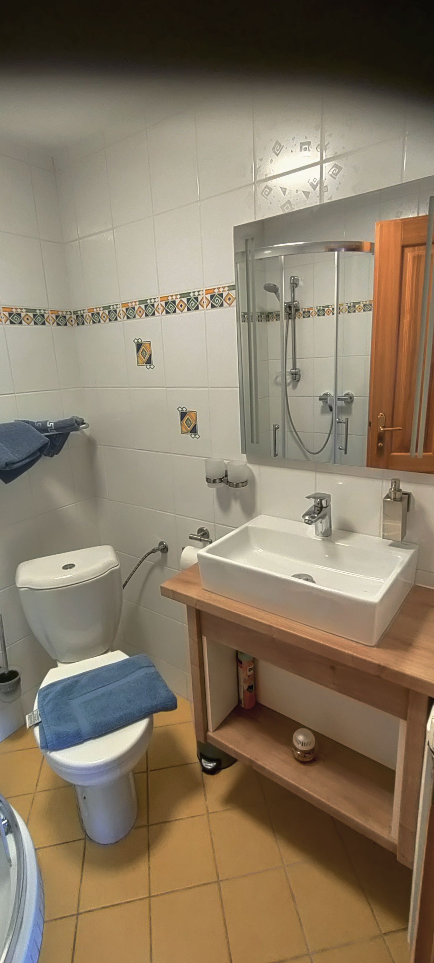 Small bathroom with toilet, washbasin and mirror.