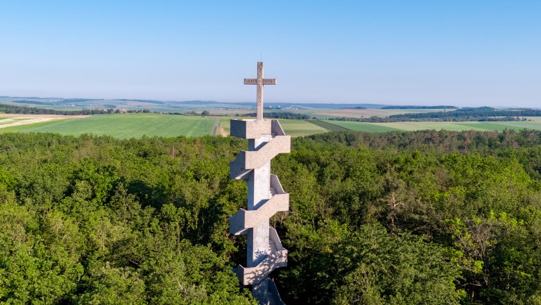 Europawarte observation tower in a wooded area with sweeping views over the landscape.