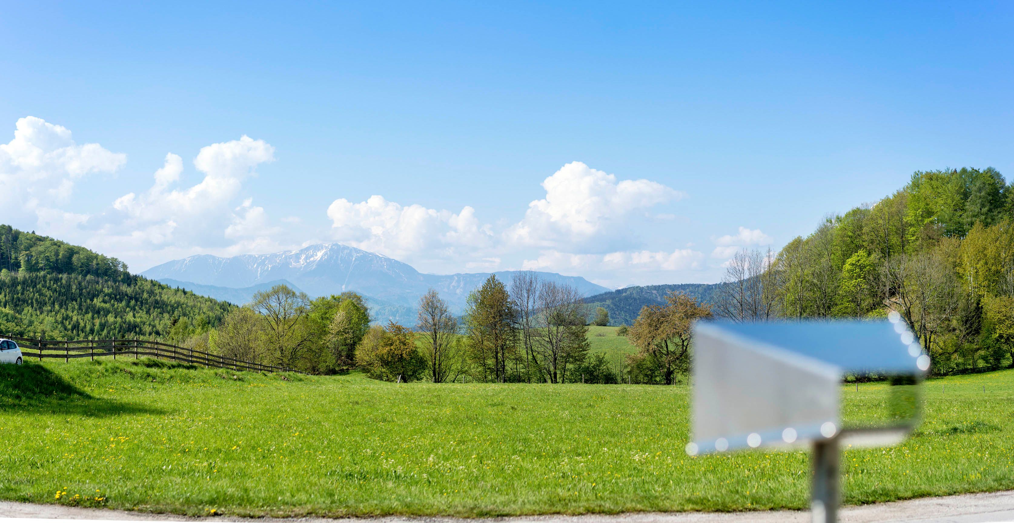Green meadow with mountains in the background and a blurred object in the foreground.