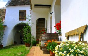 Traditional courtyard with flowers and wooden barrels.