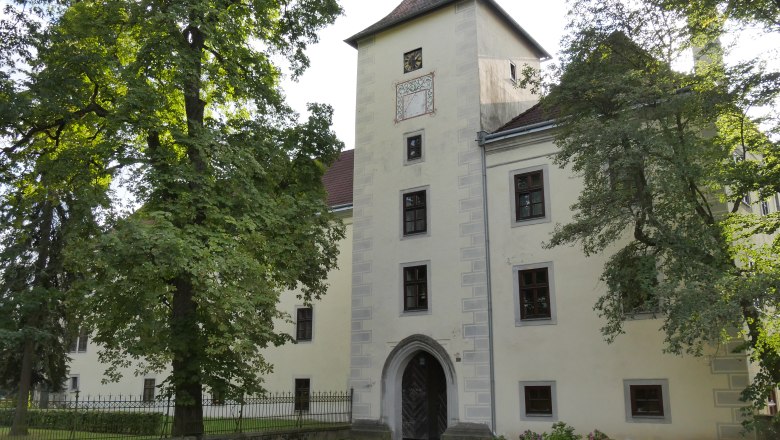 Historic building with tower and trees in the foreground.