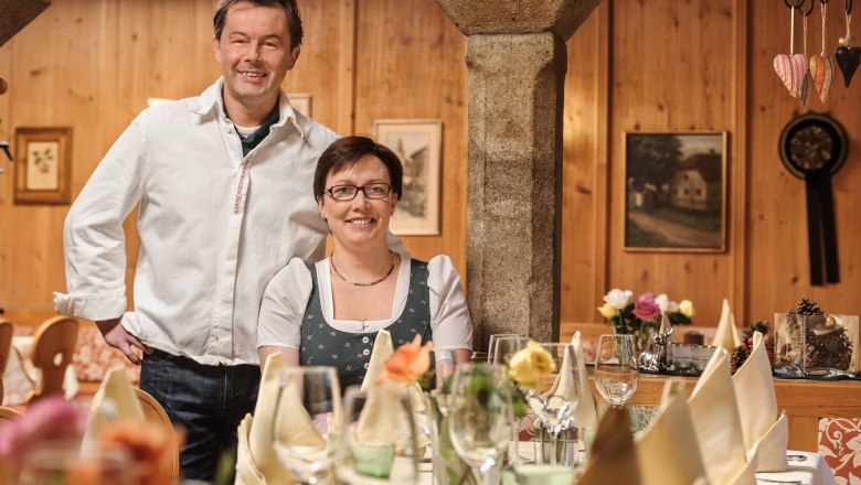 The owners of the Hotel Zum Schwarzen B&auml;ren, Martin and Erika Pritz, in their restaurant