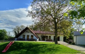 A vineyard with a terrace, trees and a slide in the foreground.