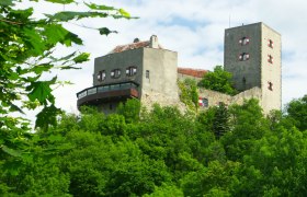 Greifenstein Castle on a wooded hill with a blue sky in the background.