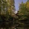 Modern tree house in a forest that is reflected in a peaceful pond.