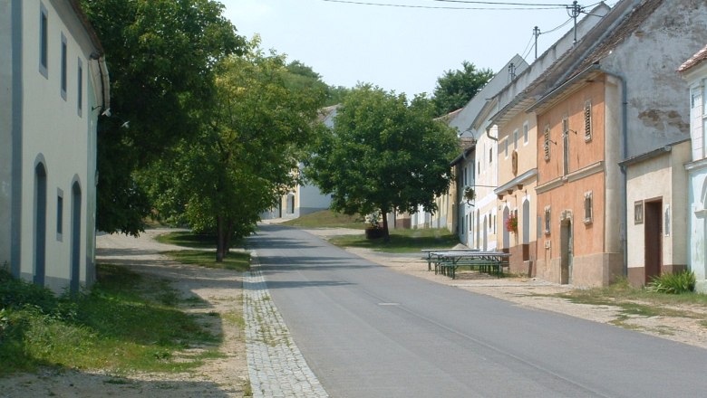 Street with traditional buildings and trees in a rural setting.