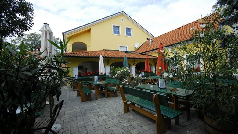 Guest garden with green tables and benches and closed parasols in front of a yellow building.