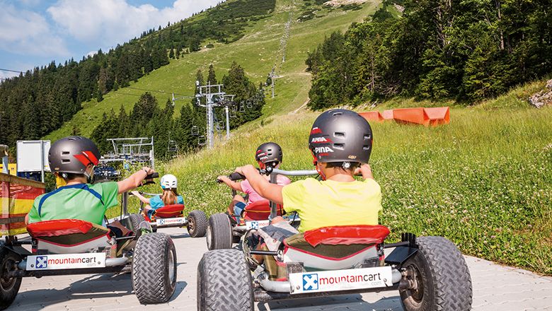 People ride down a hill on mountain carts.