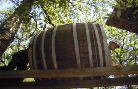 Person wearing a helmet crawls through a large wooden barrel in a climbing park.