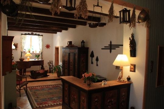 Rustic room with wooden furniture, carpet and decorations on the ceiling.