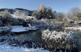 Winter garden with pond, bridge and swing in the snow.