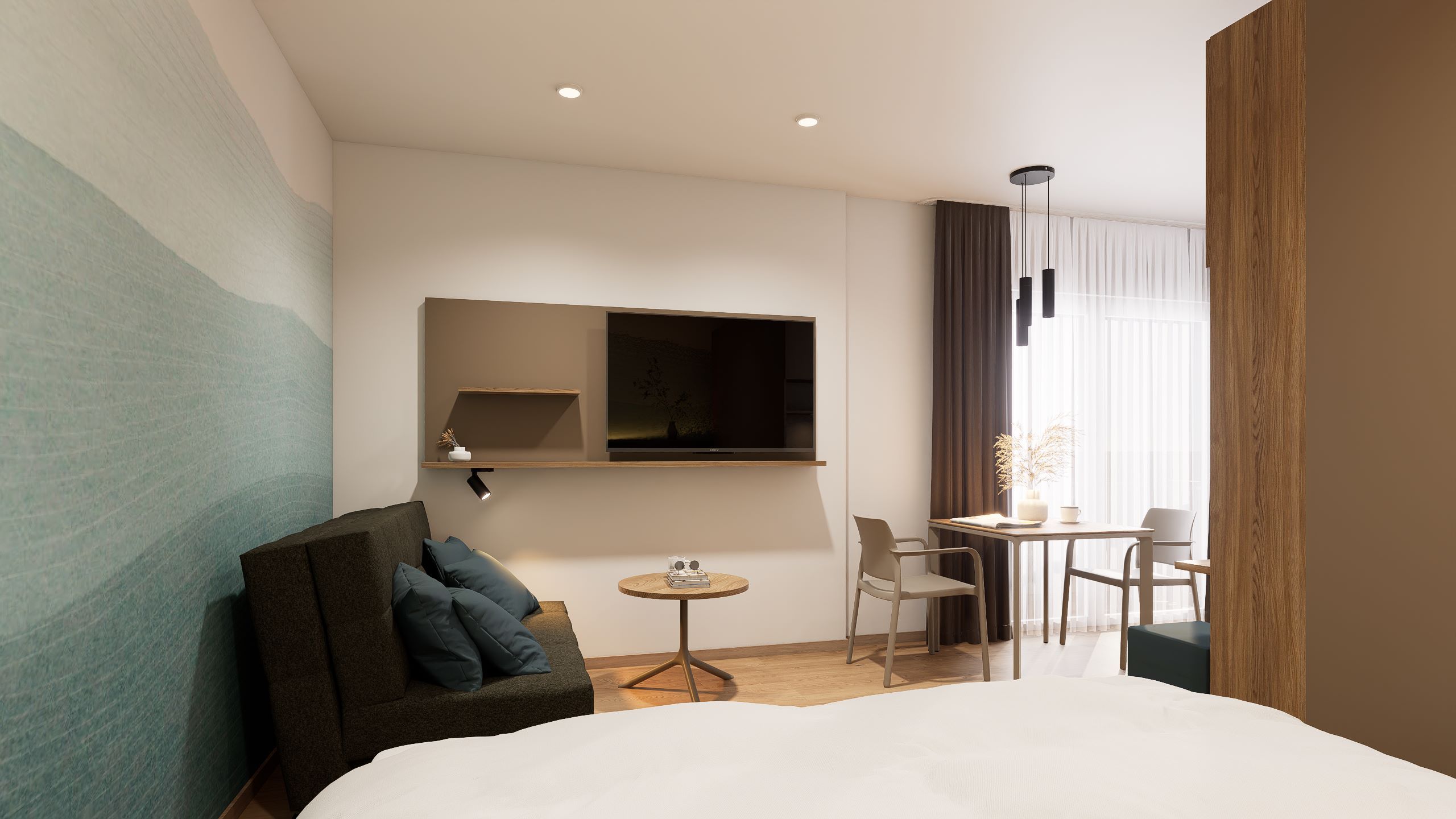 Modern furnished apartment with sofa, table, chairs and TV.