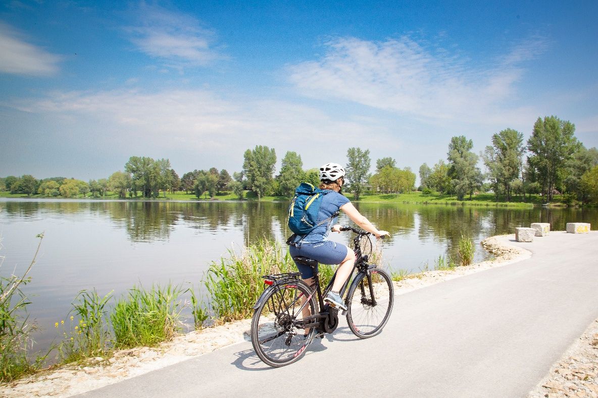 Cyclists along the Danube in an idyllic river landscape