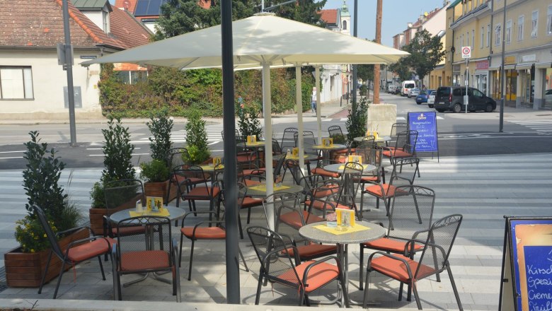 An empty pavement garden with tables, chairs and parasols in an urban environment.