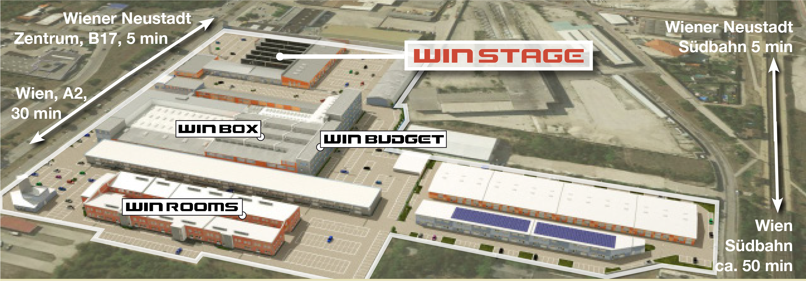 Aerial view of the WINSTAGE site in Wiener Neustadt with labels of the buildings and distances to important locations.