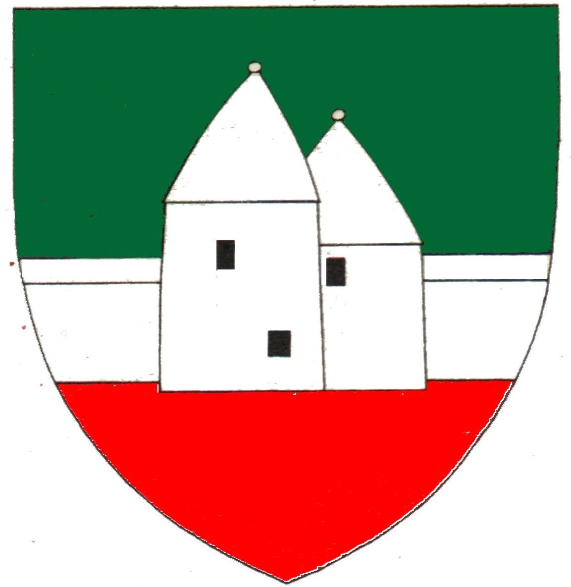 Coat of arms of Pottenstein with green background, white building and red background.